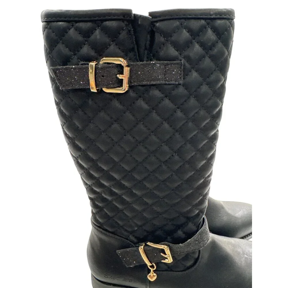 Skechers Girls Black Quilted Knee-High Boots With Gold Buckles & Side Zippers - - Picture 7 of 10
